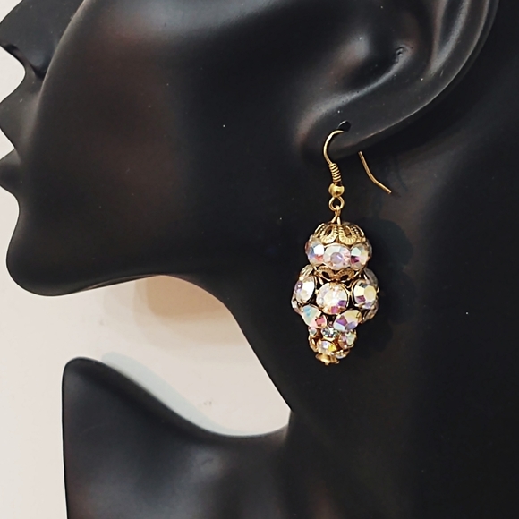 Gorgeous Vintage AB Crystal Large Gold Drop Earrings - Picture 4 of 5